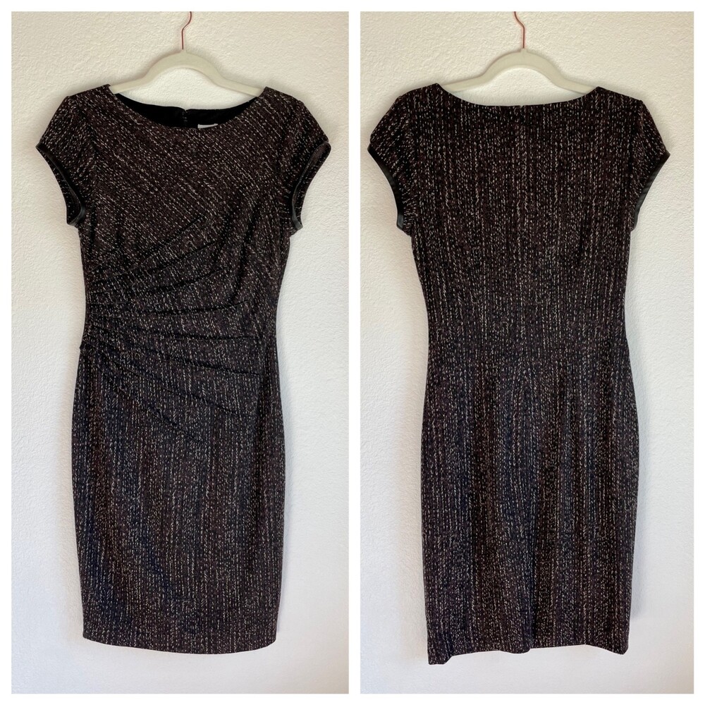 Vintage Cache Sheath Dress Size 4 Sunburst Ruched Faux Leather Trim Cocktail EUC